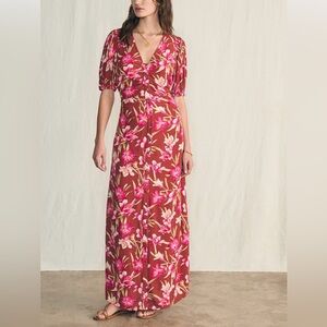 Faherty Rose-Print Wrap Maxi Dress in Burgundy and Pink